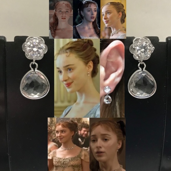 Daphne Bridgerton Cubic Zirconia Flower Stud Teardrop Handmade Replica Earrings - Picture 1 of 14